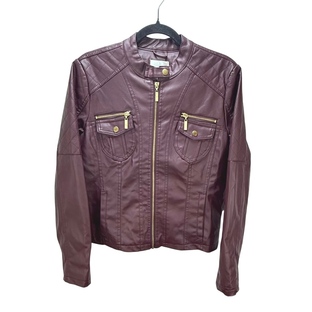Miss Selfie Moto Jacket Sz L Burgundy Faux Leather Quilted Gold Accents Mob Wife
